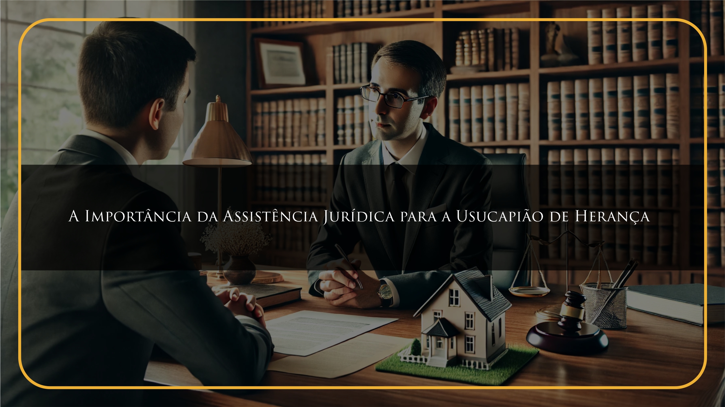 Advogado consultando um cliente sobre usucapião de herança em um escritório elegante, com documentos legais e um modelo de casa sobre a mesa, e estantes de livros de direito ao fundo.